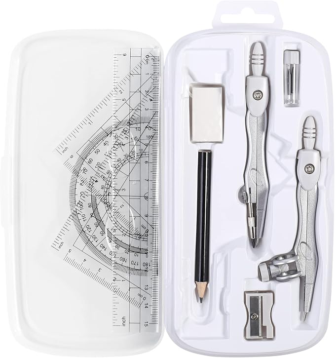 Unjoo Math Geometry Set 10 Pcs, Compass and Protractor for Students(Grey | Shatterproof Storage Box,Rulers,Protractor,Compass,Eraser,Pencil Sharpener,Lead Refills,Pencil,for Classroom, Back to School