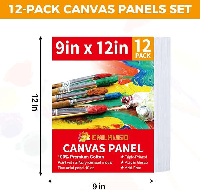 12 Pack Canvases for Painting 9 x 12 inch Supplies,Blank Boards Kids-Gesso Primed Acid-Free 100% Cotton Canvas Panels for Acrylics Oil Watercolor,Art Supplies