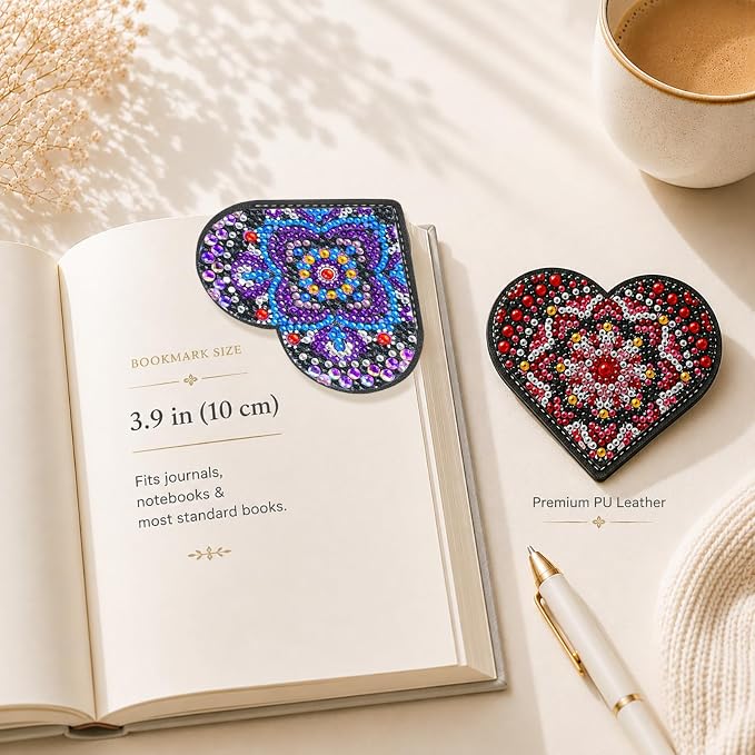 8 PC Diamond Art Painting Bookmark for Adult Craft Gem Bedazzling Kit Women | Bead Art Leather Book Mark Christmas Craft Making Kit Rhinestone Pearl Art DIY Paint by Dots Book Lover Gift Black Heart