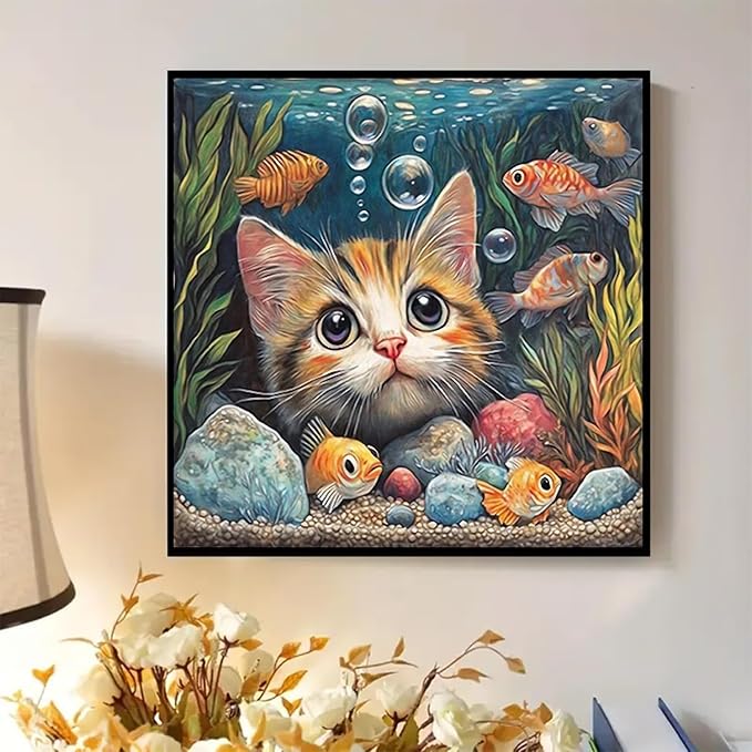 Cat Fish Funny Paint by Numbers Kit for Adults Framed Canvas Frameworkless | Easy Adult Paint by Number Kits on Canvas DIYCat Fish Funny Painting for Beginners Art by Numbers for Home Wall Decor Gift
