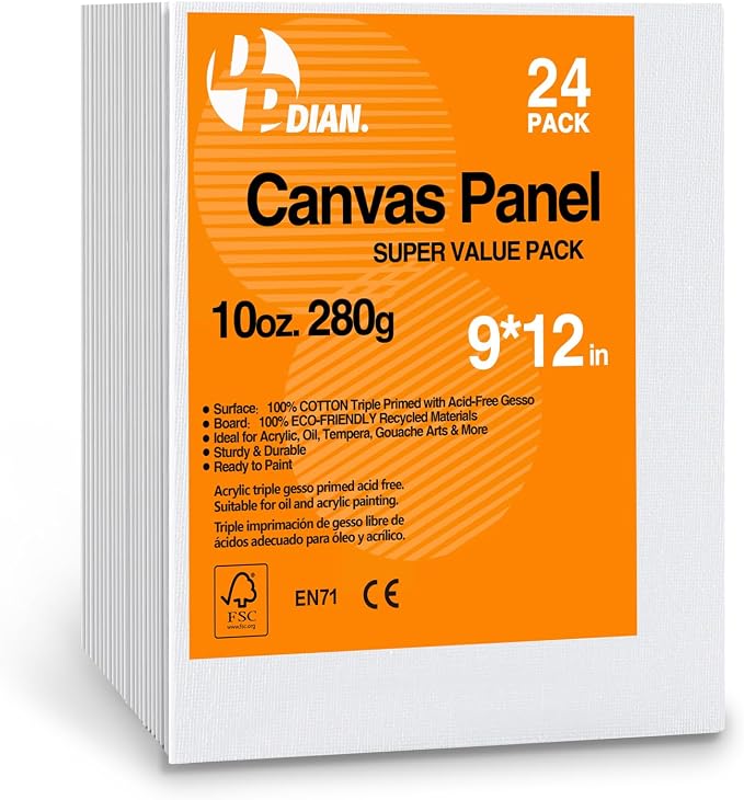 Canvas Boards for Painting 9x12 Inch, 24-Pack Bulk Canvas Value Pack - Art Supplies Blank Paint Canvas Panels for Acrylic, Oil, Watercolor, Tempera, Gouache