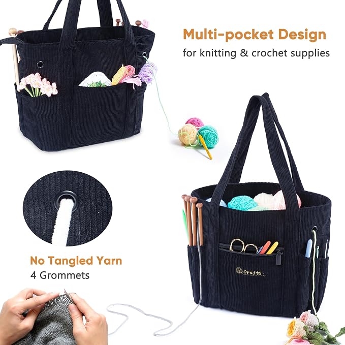 MYBAGZING Crochet Bag and Tote - Corduroy Yarn Bag - Yarn Holder for Crocheting - Crochet Storage Bag for Crochet Hooks, Crochet Accessories, Knitting Bag for Crochet Lovers, Mom Gift