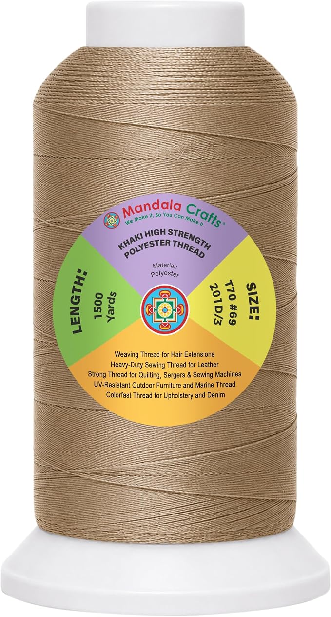 Mandala Crafts Khaki Tex 70 Polyester Heavy Duty Thread for Upholstery | 1500 Yds T70 UV Resistant Strong Thread for Leather Sewing, Marine, Drapery, Jeans, Hair Weaving & Extension, Outdoor