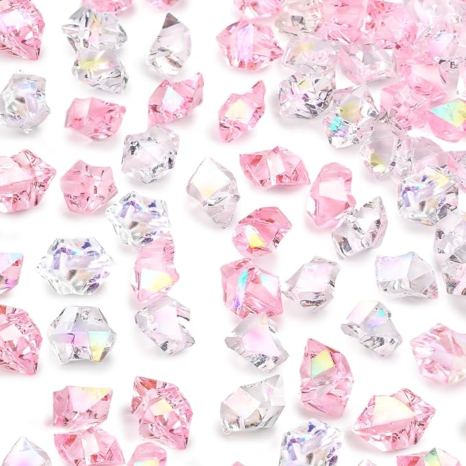DOMESTAR 150 PCS Iridescent Fake Ice Rocks, Pink and Clear Acrylic Crystals