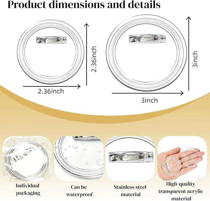 Clear Button Pins Plastic for Crafts - 20 Pack Circle Acrylic Round Button DIY Design, Blank Pins Bulk, Photo Making Kit (2.36 Inch-10 Pack & 3 Inch-10 Pack)