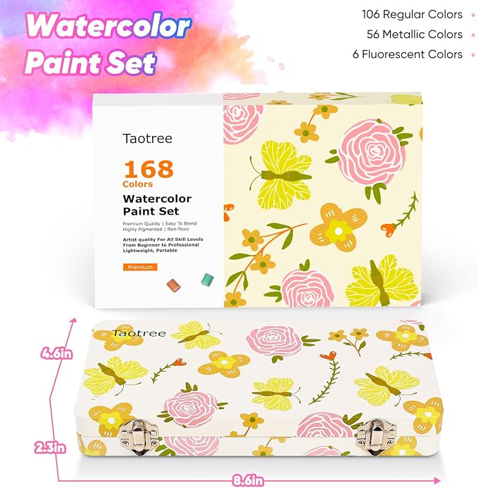 Taotree Watercolor Paint Set 168 Colors, Art Supplies Travel Water Colors | Coloring Set Watercolors Kit with 3 Paints Brushes, Crafts Painting Supplies, Drawing for Adults Artist Drawing