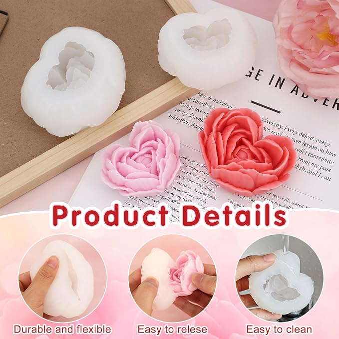 2 Pcs Rose Candle Molds, 3D Heart Rose Flower Silicone Molds, Valentine’s Day Heart Resin Casting Mold for DIY Soap Candle Wax Melt