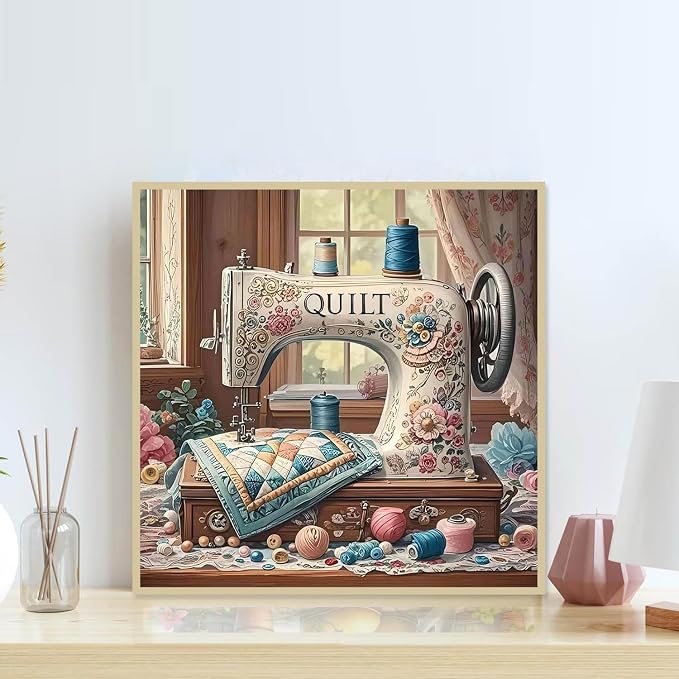 Accompany Wind Sewing Machine Diamond Art Painting Kits for Adults, Flower Diamond Dots Kits for Beginners, 5D DIY Round Full Drill Diamond Gem Art Craft for Home Decor Gift 14x14 inch