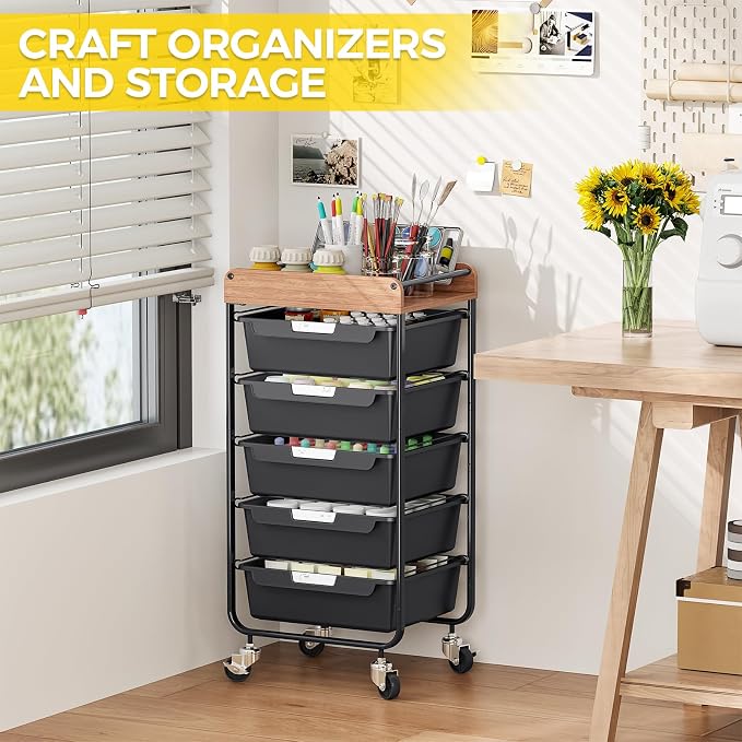 SYKIARIOL Utility Cart with 5 Labeling Drawers and Wooden Tabletop,Black | Rolling Storage Cart for Crafters, Artists, Kids, Teachers, and Students – Organize Arts, Crafts, Sewing & Study Supplies