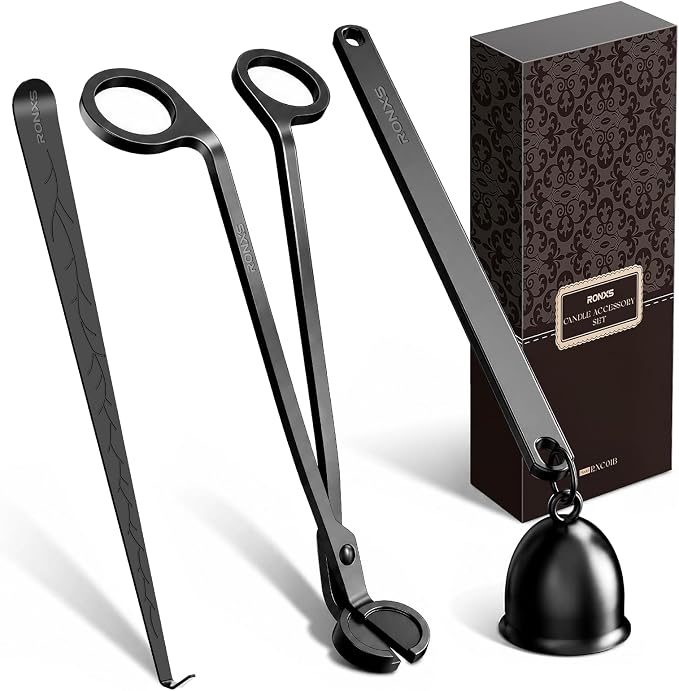 RONXS 3 in 1 Candle Wick Trimmer Set, Snuffer, Dipper, Cutter, Black | Candle Care Accessory Kit, Stainless Steel, Trims Wick, Puts out Flame and Dips, Gift Box for Candle Lovers Home Decoration