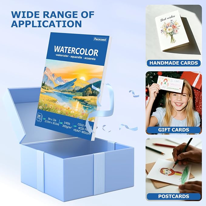 Pacocoast Watercolor Paper Pad, 9"x12" Water Color Paper, 140lb/300gsm Blue