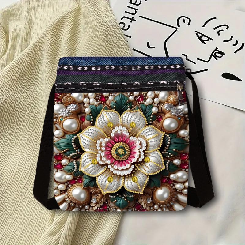 LSQFS DIY Diamond Art Painting Crossbody Bag for Women, Diamond Art Kits for Adults Ethnic Floral Pattern Shoulder Purse with Adjustable Strap & Zipper, Handmade Craft Bag for Shopping Traveling