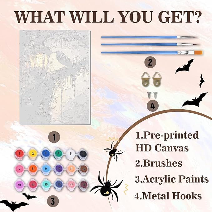 PHANTASYART Gothic Crow Framed Paint by Number with Wooden Easel 12x16inch | Gothic Adult Paint by Numbers, Horror Crow Canvas Paint by Numbers for Adults, DIY Acrylic Painting Kits for Adults