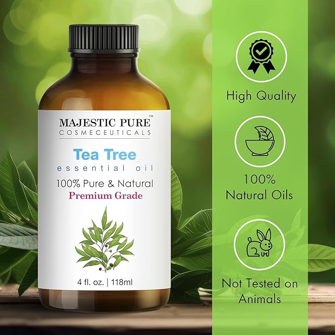 Majestic Pure Tea Tree Essential Oil for Diffuser - 4 Fl Oz | 100% Pure and Natural Tea Tree Oil for Hair, Skin Care, Carrier Oil Blend, Aromatherapy, Soap and Candle Making Scent