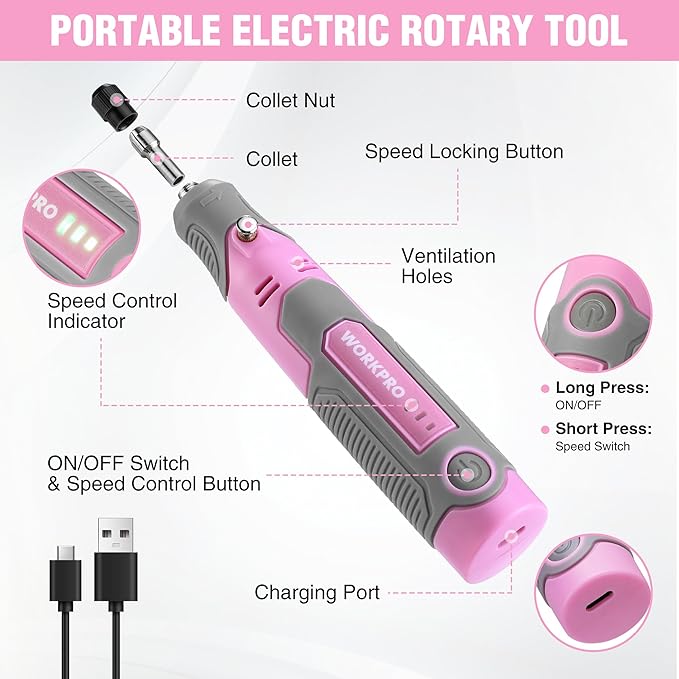 WORKPRO Cordless Rotary Tool Kit, 71PCS Accessories Rechargeable, Pink | Lightweight Handling, Comfortable Rubber Grip, Engraving, Sanding, Polishing, Carving, Cutting, DIY Crafts