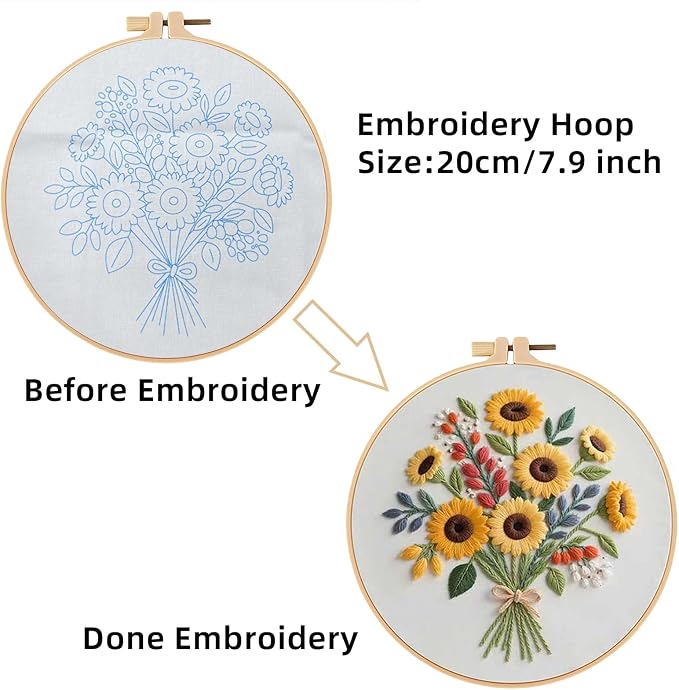 Herdiese Embroidery Kit for Beginners & Adults with Flower Pattern | Stamped Cross Stitch Kit Including Fabric, Hoop, Threads, Needles & Instructions, Complete DIY Hand Sewing Craft Set