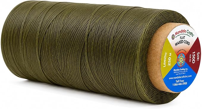Mandala Crafts 150D 0.8mm Olive Green Flat Waxed Thread for Leather Sewing