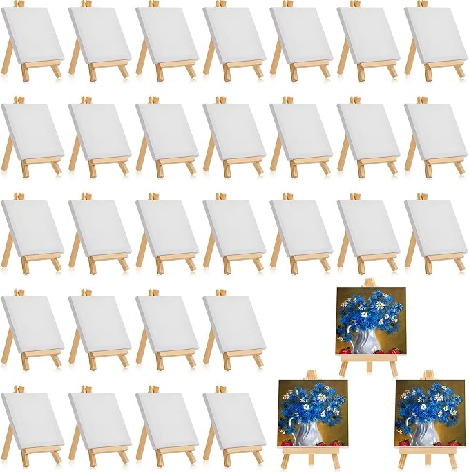 Mimorou 32 Pack Mini Canvas with Easel for Painting Wood,4 X 4 Inch