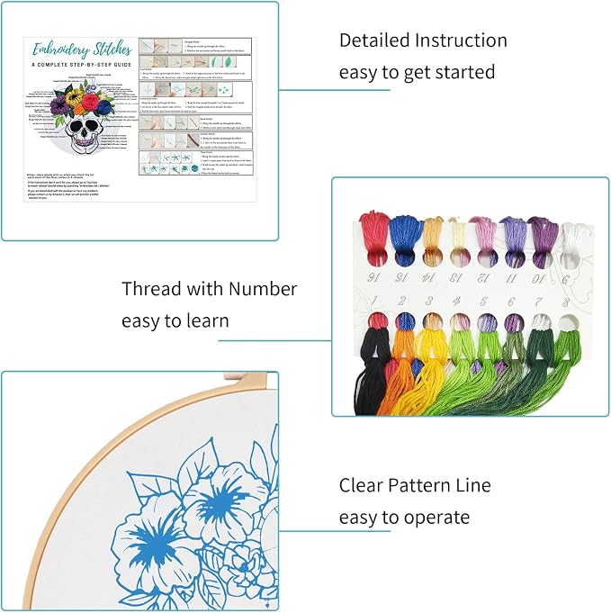 Nuberlic 3 Pack Embroidery Kit for Beginners, Halloween Skull Cross Stitch