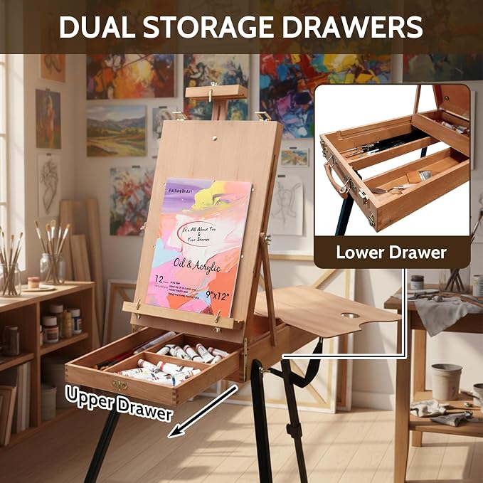 Falling in Art Light Weight French Style Field and Sketchbox Easel | Adjustable Beechwood Tripod standing easel with Aluminum Tripod, Drawer, Palette for Painting & Drawing