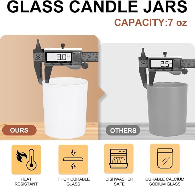 Thick Candle Jars for Making Candles 12 Pcs, 7 OZ Empty Jars with Wood Lids for Candle Making, Sample Container, Glossy White