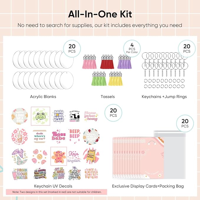 YOPPIX 140 PCS Acrylic Keychain Blank Set, Funny Double-Sided UV DTF Stickers Acrylic Keychain Making Kits for Vinyl DIY Craft Project