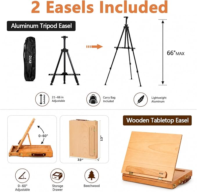 DJAR 174 Pcs All-in-One Art Painting Set with Beech Wood Easel | Complete Professional Artist Supply Kit with 48 Acrylic, 24 Oil & 24 Watercolor Paints for Adults, Teens, and Beginners