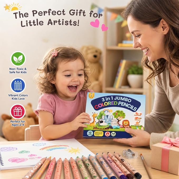 Sparkbright Club Jumbo Colored Pencils for Toddlers Ages 2-4 - 3-in-1 Wooden Pencil, Crayon & Watercolor | 12 Non-Toxic Colors, Break-Resistant 8mm Core, Easy-Grip for Kids & Preschool, Pre-Sharpened