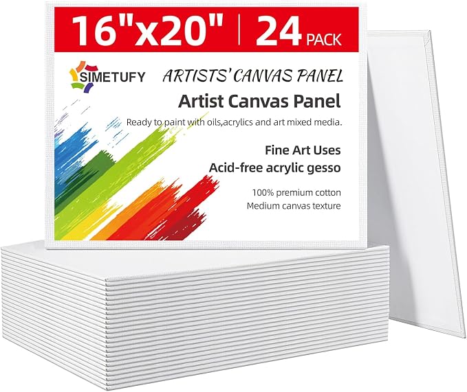 Simetufy 16x20inch 24 Pack Large Painting Canvas Boards Flat Canvas Panels | Gesso Primed Acid-Free 100% Cotton for Acrylics Oil Watercolor Tempera Paints