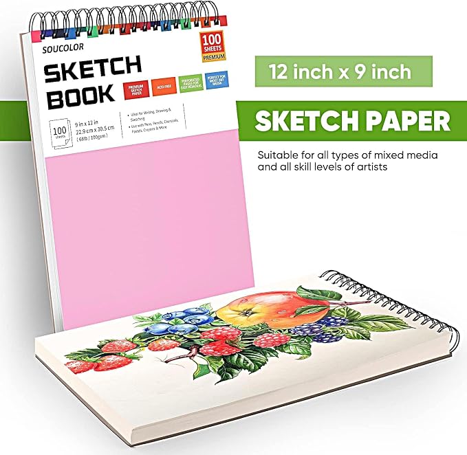 Soucolor Cute Sketch Book 9" x 12" Drawing Paper,Pink Teen Girls Sketchbook | 100 Sheets,68lb Acid-free paper,No Bleed-through,Micro-Perforated,Lay-Flat Top Spiral,Great Gift for Women,School Art