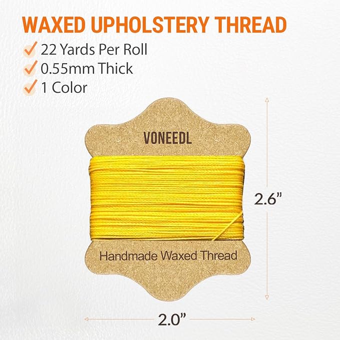 Upholstery Repair Kit: Waxed Sewing Thread (Yellow Color) & Heavy Duty Needles (11 PCS) for Leather, Canvas & Quilting Thread