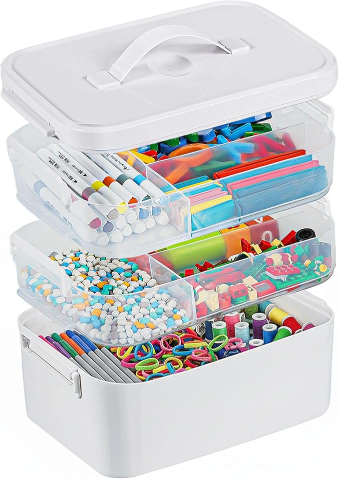 3-Layer Plastic Craft Organizers and Storage Box with Removable Trays, Storage Containers with lids and Handle, Art Supply Storage Organizer for Bead, Ornament, Nail Polish, Tape（10.62"x9"x7.67"）