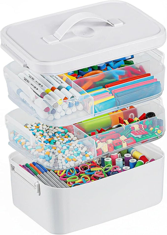 3-Layer Plastic Craft Organizers and Storage Box with Removable Trays, Storage Containers with lids and Handle, Art Supply Storage Organizer for Bead, Ornament, Nail Polish, Tape（10.62"x9"x7.67"）