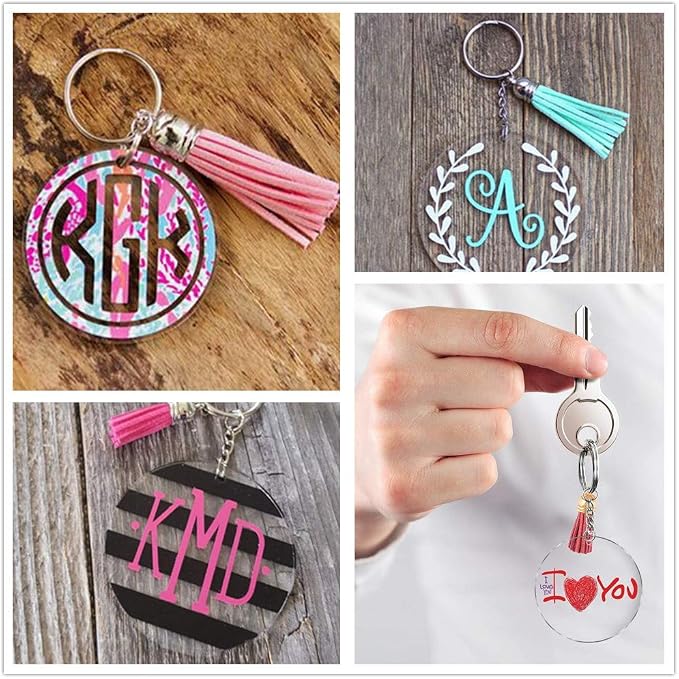 KINGFOREST 120PCS Acrylic Keychain Blanks Kit - 30 Keychain Rings, 30 Jump Rings, 30 Clear Discs, 30 Tassels - DIY Craft Supplies for Jewelry Making, Vinyl Stickers & Personalized Gifts