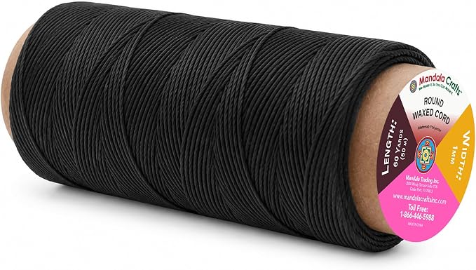 Mandala Crafts 50M 1mm Black Round Waxed Thread for Leather Sewing