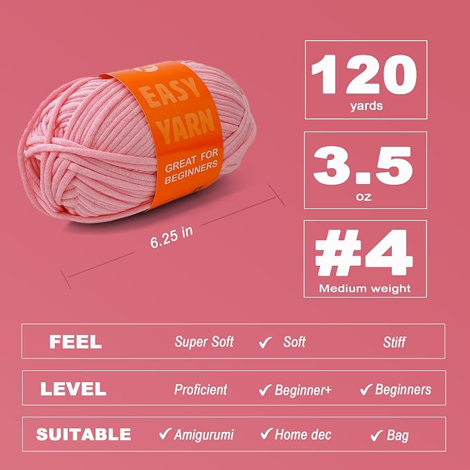 Beginner Easy Yarn for Crocheting and Knitting, Pink | 3.5Oz/120yds，Medium Worsted Weight 4, Easy-to-See Stitches, Soft and Smooth Cotton Blend Yarn for Beginners Amigurumi DIY