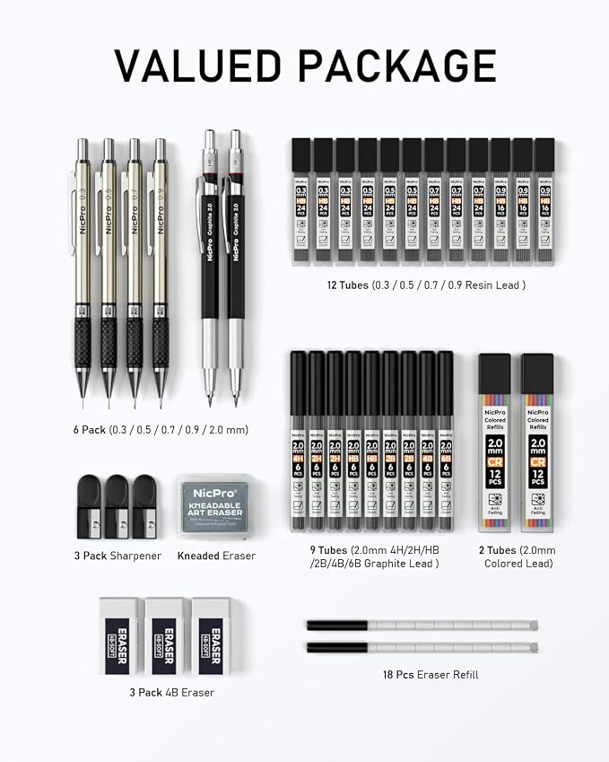 Nicpro 37PCS Art Mechanical Pencil Set, 4PCS Metal Drafting Pencil | 0.3mm, 0.5 mm, 0.7 mm, 0.9 mm & 2PCS 2mm Lead Holder (6B 4B 2B HB 2H 4H Colors) For Sketching Drawing With 23 Tube Lead Case