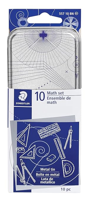 STAEDTLER 10-Piece Math Set with Metal Compass, 6" Ruler & Triangle Squares, 45° & 30/60° Set Squares, Alphabet Stencil - Measuring Tools
