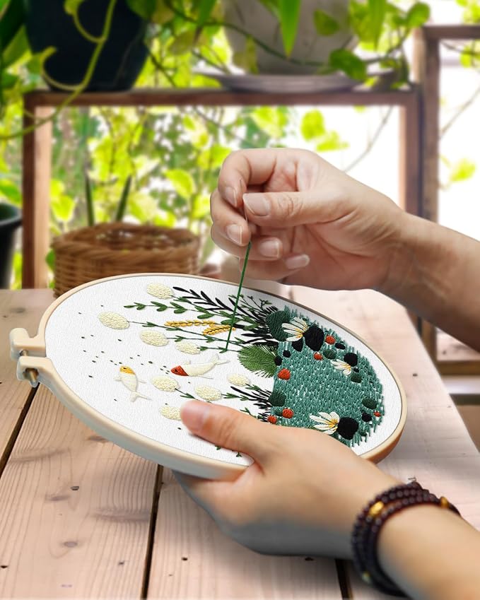TINDTOP 5 Pack Embroidery Kit for Adult, Embroidery DIY Starter Kit | with Fish World Stamped Patterns, Hoop, Tools, Colorful Threads with Needles, Instructions