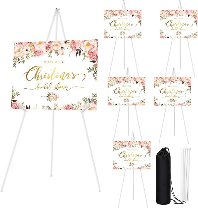 JEAWIWI 6 Pcs Lightweight Easel Stand, 66 Inch, White, with Portable Bags | Adjustable Metal Folding Easel Stand, for Display Show, Arts, Poster, Wedding Sign, for Home & Office Use