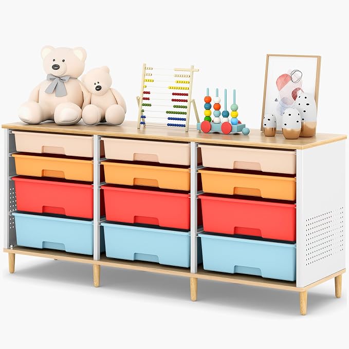 TOOLF 12 Drawers Storage Cabinet with Wooden Top and Plastic Bins,Colorful | Toy Shelf Storage Chest Cubby Organizer, for Home, Office, Playroom, Classroom & Craft Room