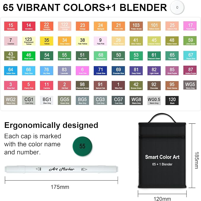 Smart Color Art Markers, 65 Coloring Markers and 1 Blender, 66 Pack Alcohol Based Dual Tip Permanent Markers Highlighters with Case, Excellent for Adults Kids Coloring Marking Drawing Sketching