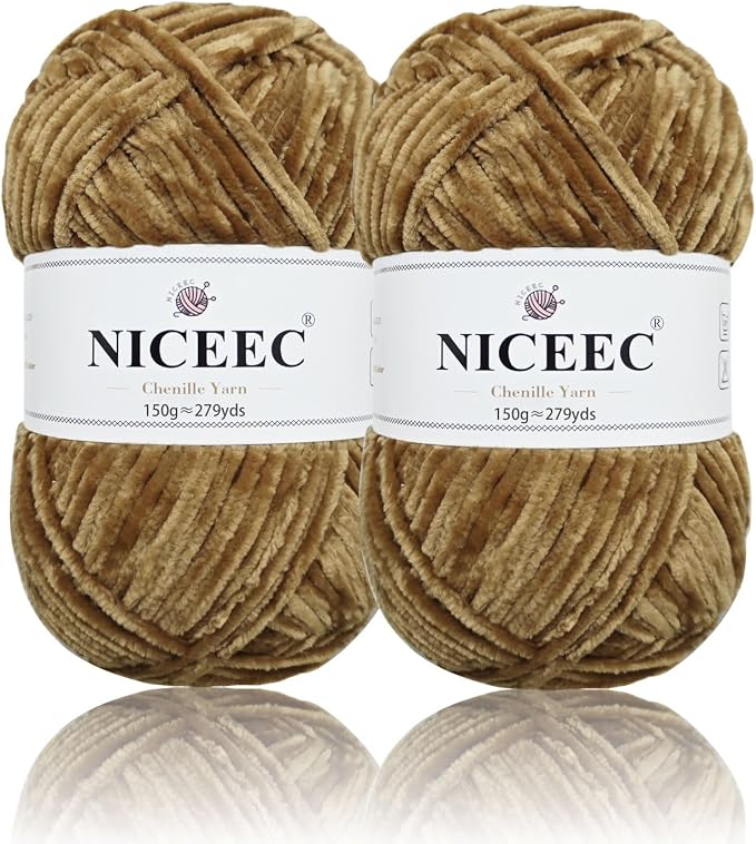 NICEEC 2 Skeins Soft Chenille Yarn 2 x255m (2X 279yds, 3X 150g)_Dark Brown