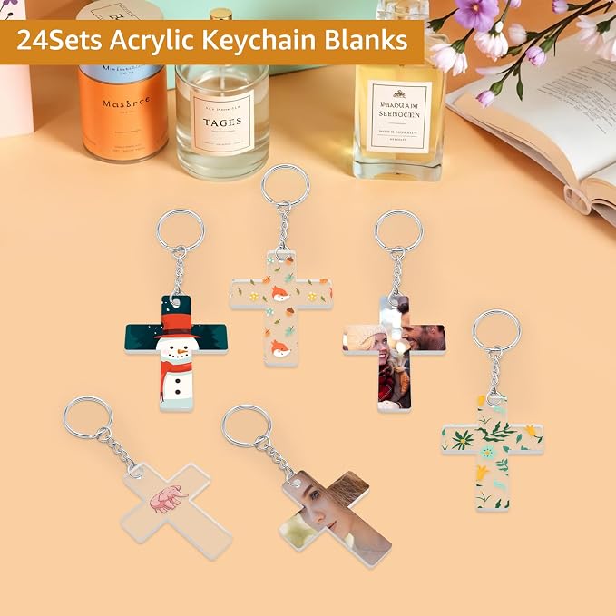 Acrylic Keychain Blanks Kit,24Clear Cross Acrylic Blank with Hole 24 Key Rings with Chains and 24 Jump Rings Clear Ornament Blanks Bulk for DIY Keychains Vinyl Crafts Jewelry Labels Gifts Packaging