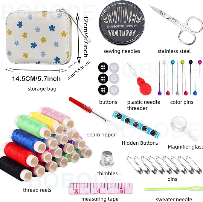 Bobode Sewing Sets & Kits Travel Sewing Kit for Adults | Floral Pattern Sewing Set Professional Basic Sewing Supplies Printing Carry Sewing Kit for Emergency,Beginners