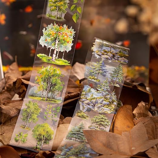 6PCS Trees and Forest PET Tape Set, Nature Scenery Adhesive Tapes for Journaling, Scrapbooking, and DIY Crafts, with Decorative Clip