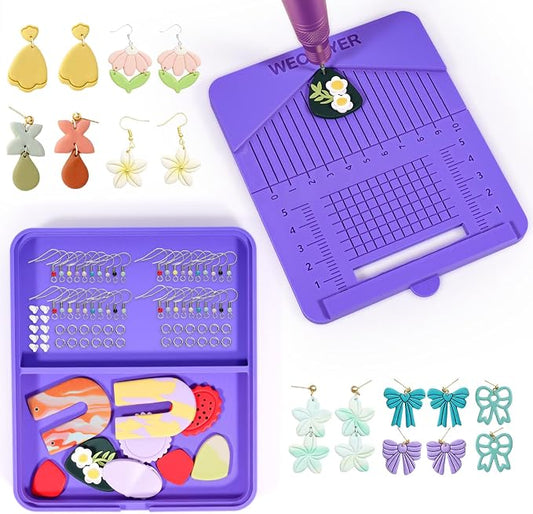 Polymer Clay Earring Drill Hole Guide,Jewellery Assembly Station with Brush and Two Tray for Holding Earring,Jewellery Pieces and Findings,Clay Tools and Accessories,Clay Jewelry Making Supplies