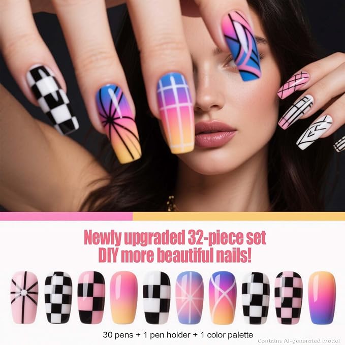Artdone 32pcs Nail Art Brushes Tools Set Dotting Tools for Gel Polish | Dust Brush,Striping Brushes for Long Lines, Drawing Pen Design supply