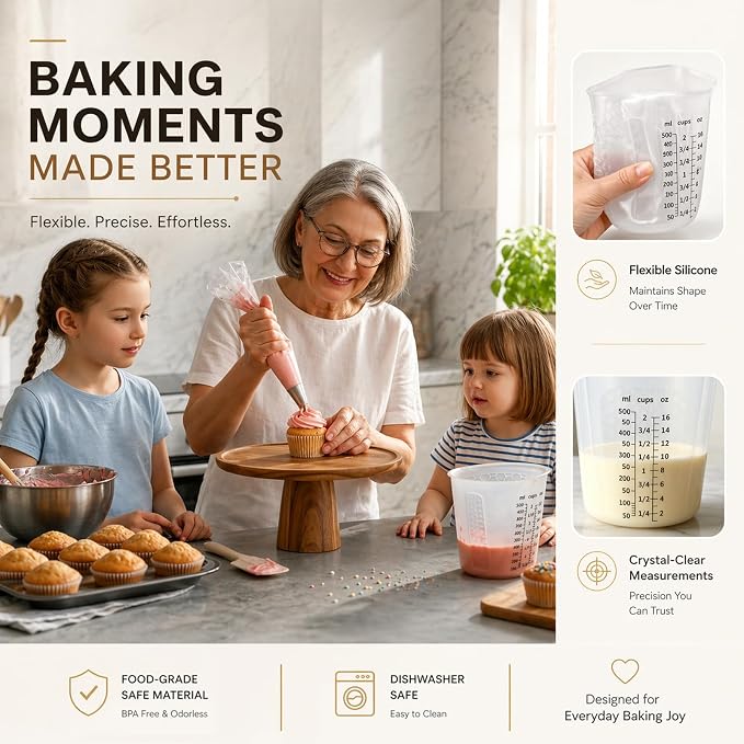 Palksky Silicone Measuring Cups Set 1-Cup & 1-Cup & 2-Cup with 3PCS Jar Spatula, Microwave Safe, Honeycomb Heat-Control Grip, Easy-Read Liquid Measuring for Baking, Cooking & Chocolate Melting