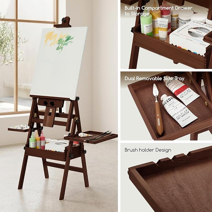 MEEDEN Painting Easel with Storage and Tray: H-Frame Beech Wood Art Easel | Easel Stand for Adults, Artists, Students, Beginners - Adjustable 50"-80" H, Holds Canvas Up to 47 Inches
